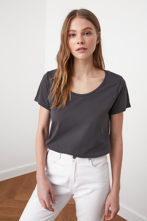 Antrasit %100 Pamuk Havuz Yaka Basic Örme T-Shirt TWOSS20TS0139