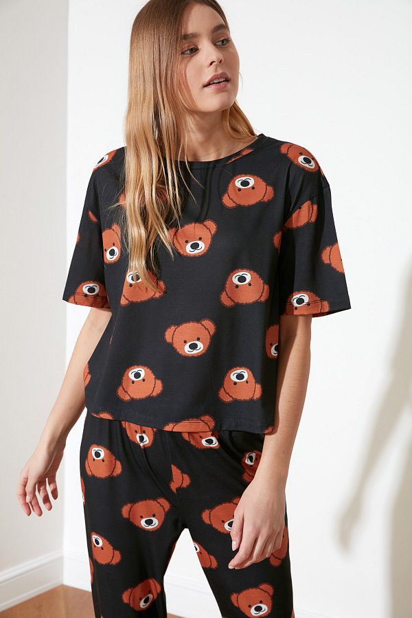Antrasit Ayıcık Baskılı Örme Pijama Takımı THMSS21PT0195