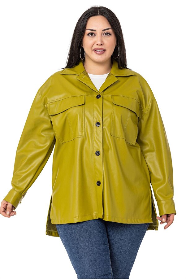 Flap-detail with Pockets Side-slit Leather-look Shirt — Pistachio