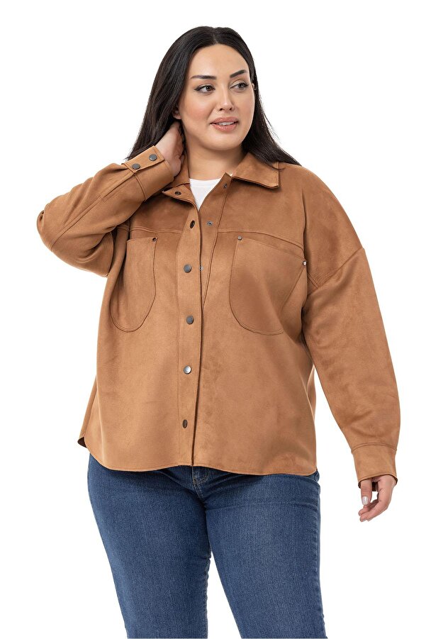 Popper Fastened Patch-pocket Suede-look Shirt — Brown