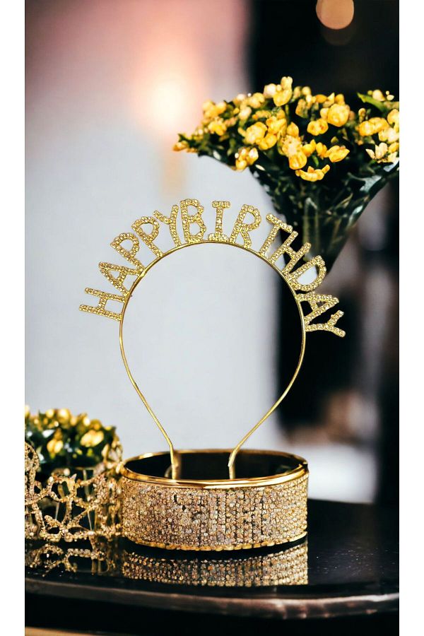 Gold Renk Lüks Kristal Taşlı Happy Birthday Parti Taç 17*16 cm Doğum Günü Partisi Tacı