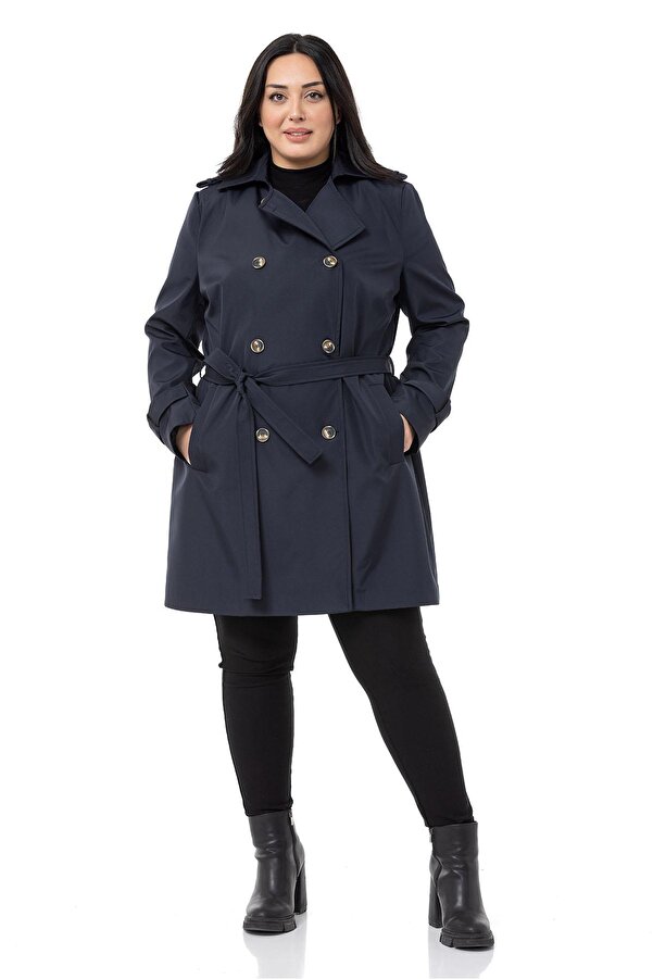 Wrap-front Welt-pocket with Pockets Belted Epaulette-detail Lined Trench Coat — Navy