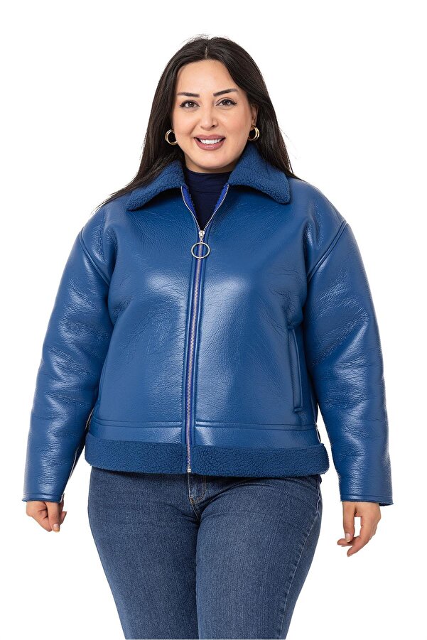 Collar & Hem Faux-fur Welt-pocket with Pockets Zipped Leather-look Coat — Saxe Blue