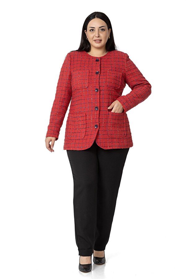 With Pockets Collarless Shimmer Şanel Lined Jacket &mdash; Red