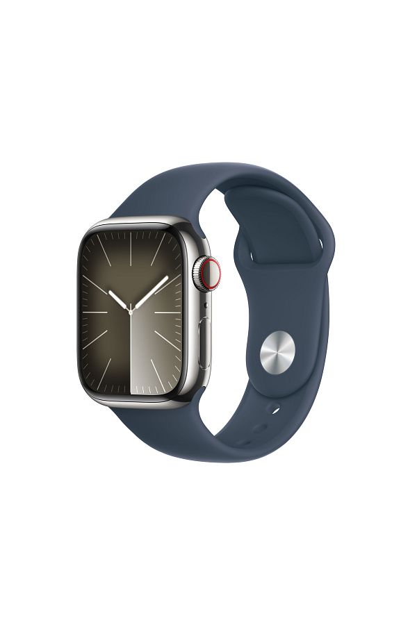 Apple Watch Series 9 GPS + Cellular 41mm Gümüş Paslanmaz Çelik Kasa ve Fırtına Mavisi Spor Kordon - S/M
