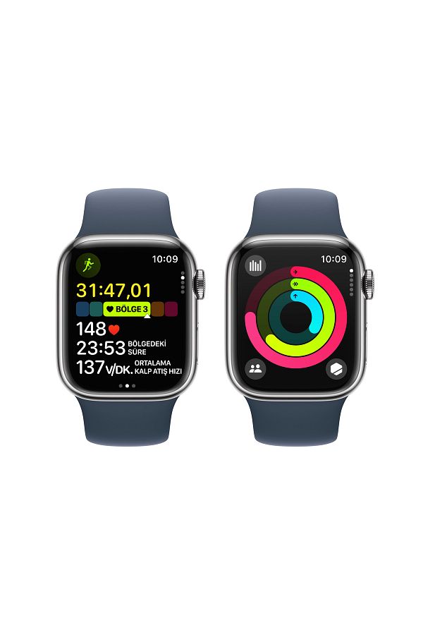 Apple Watch Series 9 GPS + Cellular 41mm Gümüş Paslanmaz Çelik Kasa ve Fırtına Mavisi Spor Kordon - S/M - Görsel 8