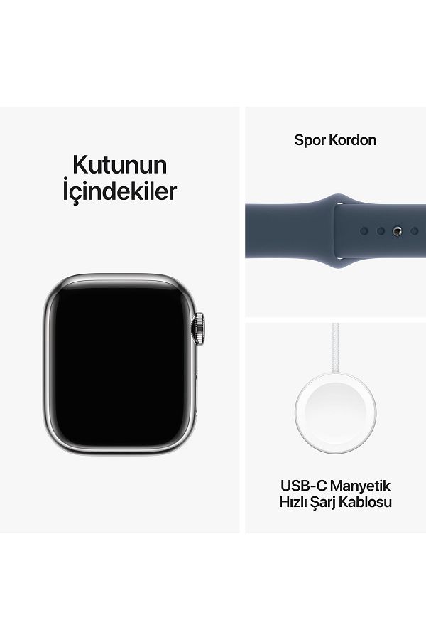 Apple Watch Series 9 GPS + Cellular 41mm Gümüş Paslanmaz Çelik Kasa ve Fırtına Mavisi Spor Kordon - S/M - Görsel 10