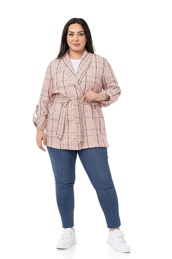 Shawl Collar Fold-detail Sleeve Belted Jacket — Ecru & Brick