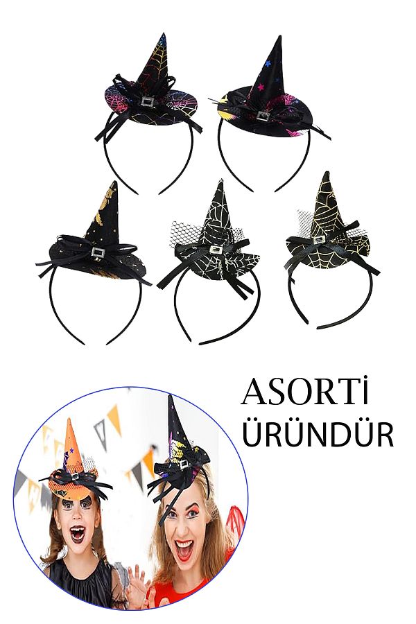 1 Adet Halloween Cadı Şapkası Taç Cadılar Bayramı Parti Taçı Saç Aksesuarı 22x12 cm (ASORTİ)