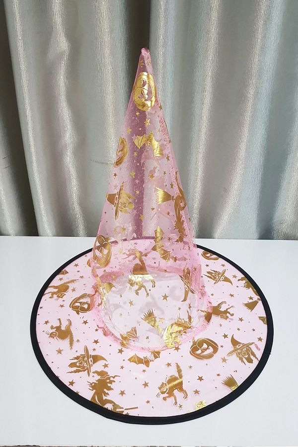 Halloween Cadı Şapkası Yarasa Örümcek Pembe Gold Baskılı, Cadılar Bayramı Kostüm Yetişkin ve Çocuk