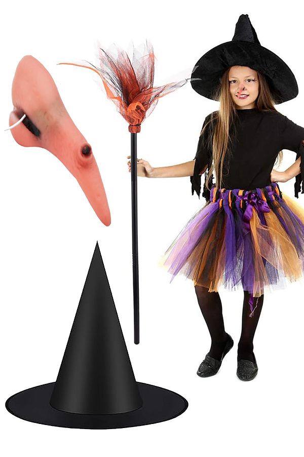 Halloween Cadı Burnu, Cadı Şapkası, Cadı Süpürgesi 3'lü Set Cadılar Bayramı Kostüm Yetişkin ve Çocuk