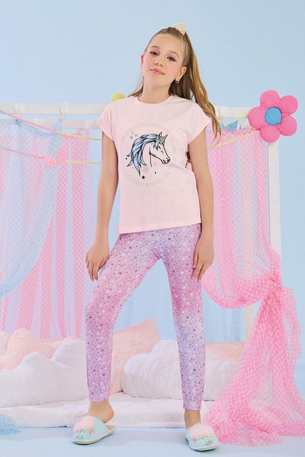3-10 Yaş Kız Çocuk İlcan Yarım Kollu Pijama Takım Pembe