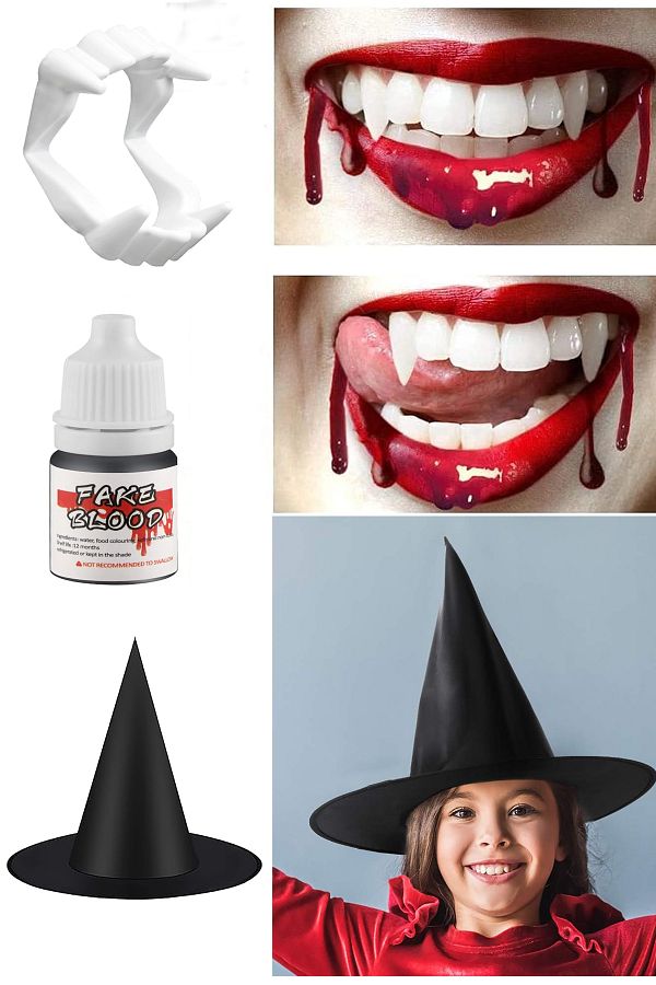 Cadılar Bayramı Siyah Cadı Şapka, Diş, Cadı Süpürgesi, Kan Halloween Parti Seti Yetişkin Çocuk 3pr