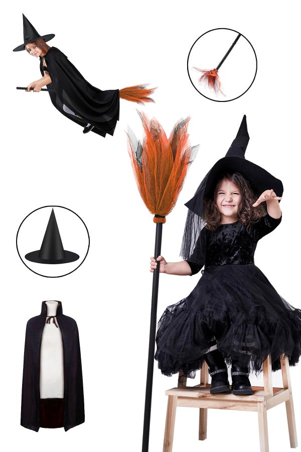 Halloween Cadı Şapkası Süpürge, Siyah Pelerin Parti Seti, Cadılar Bayramı Kostüm Aksesuar Set_0