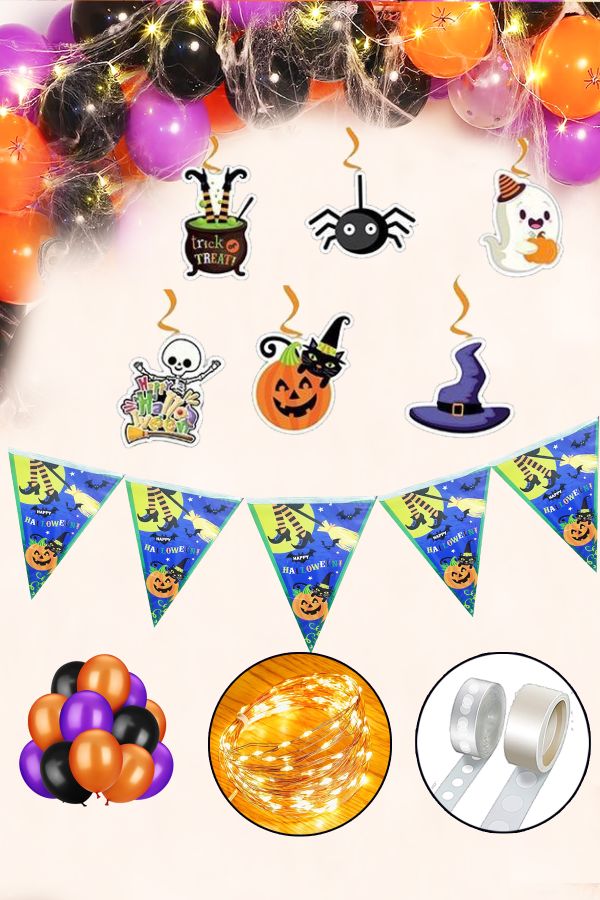 Cadılar Bayramı Halloween Partisi Flama Yazı Led Işık Balon Zinciri Dekoratif 6 Parça Süsleme Seti