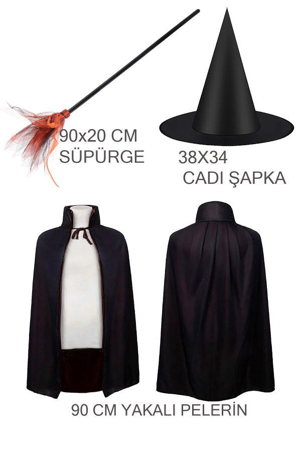 Halloween Cadı Şapkası Süpürge, Siyah Pelerin Parti Seti, Cadılar Bayramı Kostüm Aksesuar Set_1