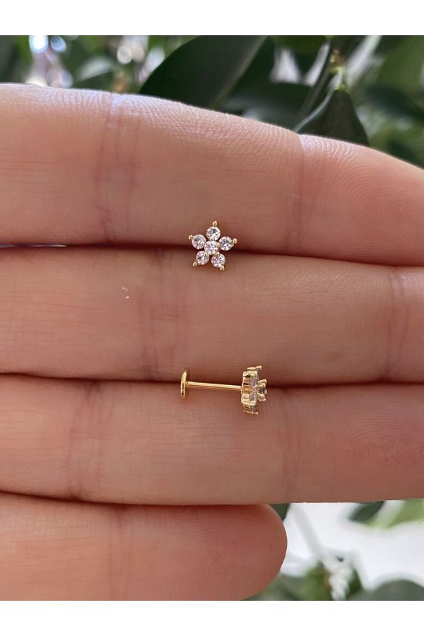 cerrahi çelik zirkon taşlı önden takmalı arkası düz tragus helix kıkırdak conch lobe piercing küpe