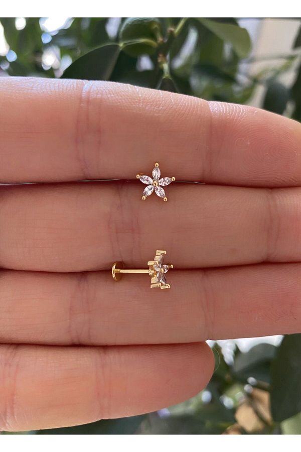 cerrahi çelik zirkon taşlı önden takmalı arkası düz tragus helix kıkırdak conch lobe piercing küpe