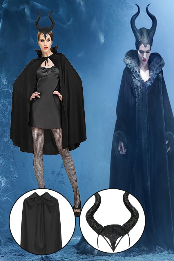 Halloween Malefiz Boynuz Taç Siyah Pelerin Set, Cadılar Bayramı Maleficent Kostüm Yetişkin ve Çoçuk
