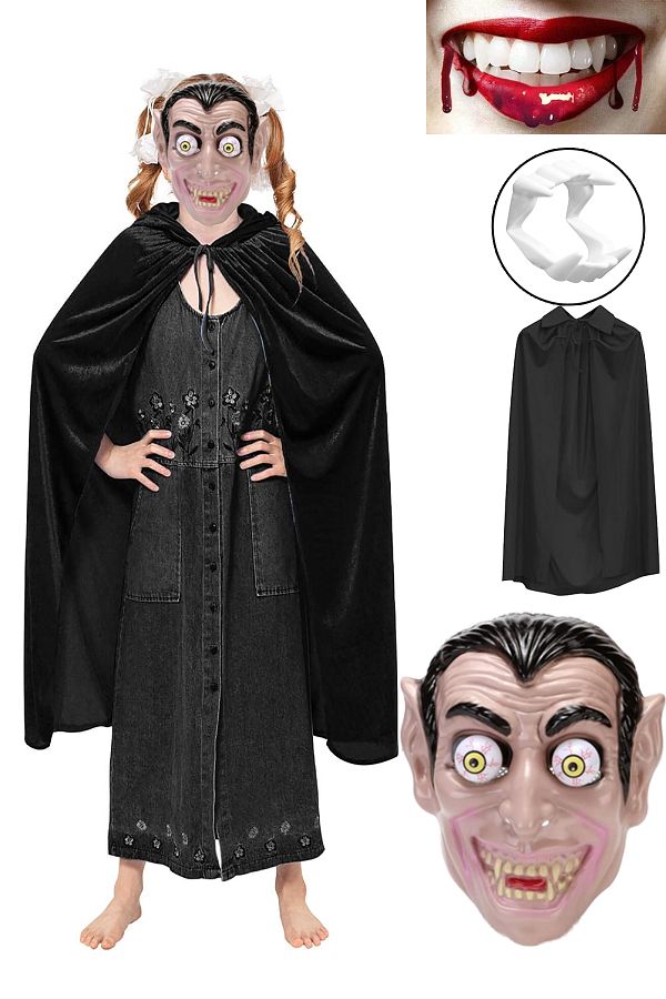 Halloween Drakula Vampir Maske Diş, Çocuk Siyah Pelerin Cadılar Bayramı Vampir Kostüm Parti Seti