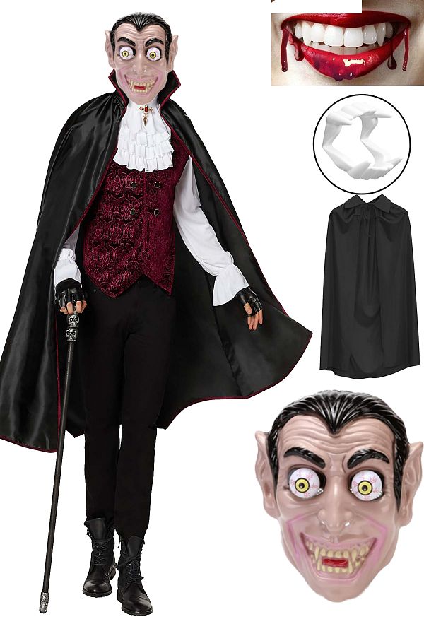 Halloween Vampir Maske Diş, Siyah Yetişkin Pelerin Cadılar Bayramı Vampir Kostüm Parti Seti