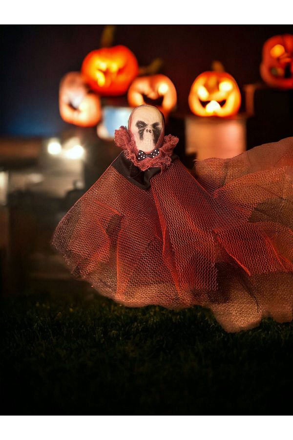Halloween Kurukafa Model Siyah Tüllü Pelerinli Dekor Asma Süs Cadılar Bayramı Dekor 30cm