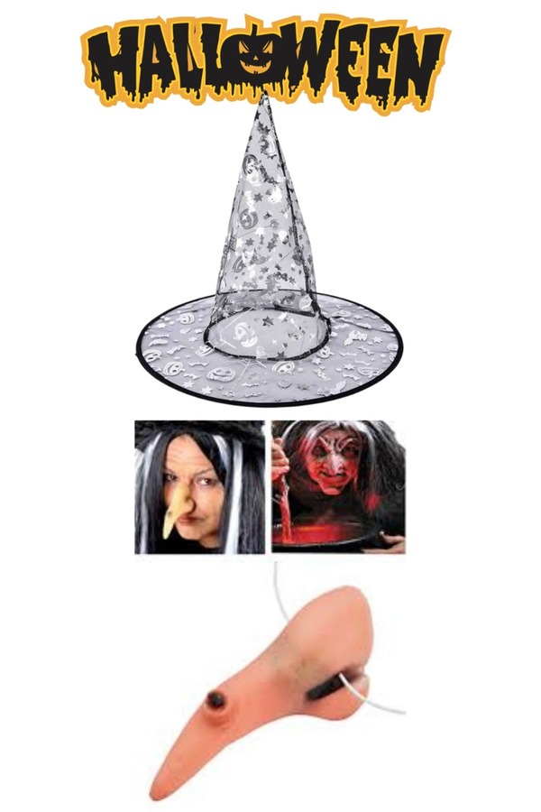 Halloween Cadı Seti ( Gümüş baskılı Cadı Şapkası - Cadı Burnu ) 2Parça CadılarBayramı Set