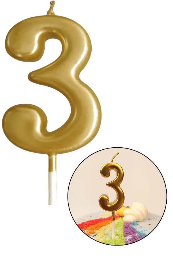 3 Yaş Gold Rakam Mum, Parlak Altın Rengi Doğum Günü Mumu Sarı Yaldızlı Pasta Mumu