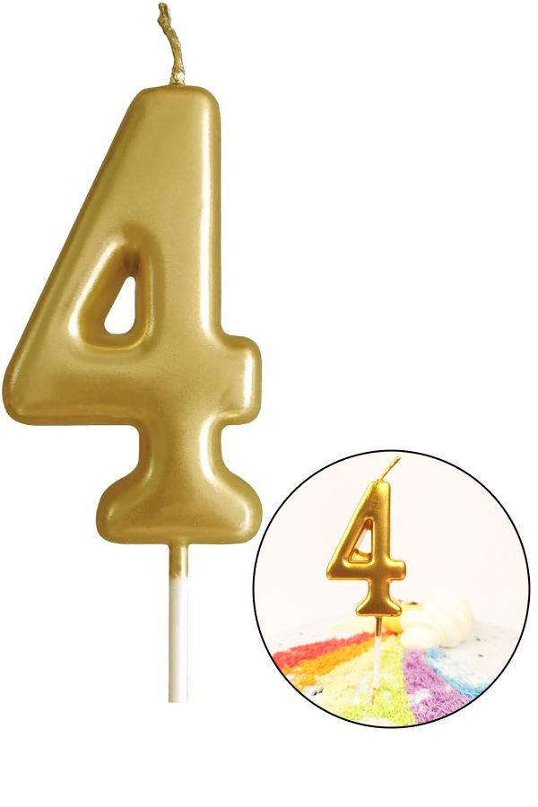 4 Yaş Gold Rakam Mum, Parlak Altın Rengi Doğum Günü Mumu Sarı Yaldızlı Pasta Mumu