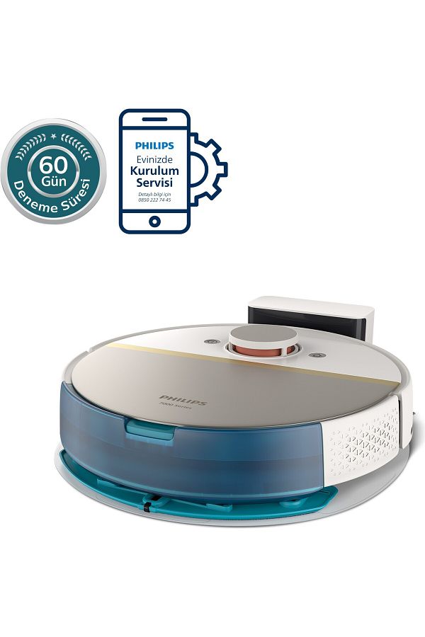 Philips VP YENİ SERİ , 0.3 Lt ,7000 Serisi, Beyaz Islak Kuru Robot Süpürge, 5000 PA,Titreşimli Mop, 2 Paspas