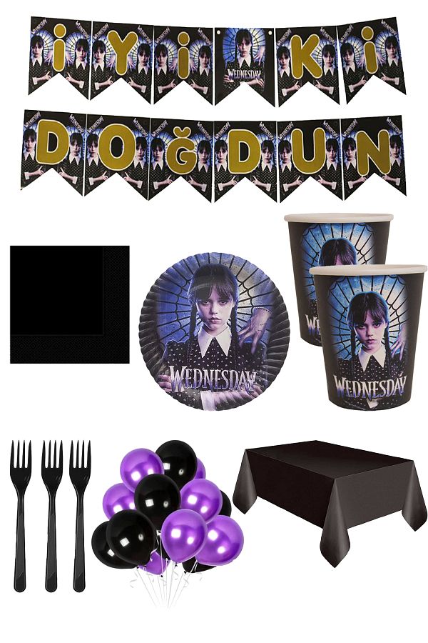 8 Kişilik Wednesday Tabak, Bardak Yazı Balon Seti, Addams Wednesday Parti Doğum Günü Parti Süsleri