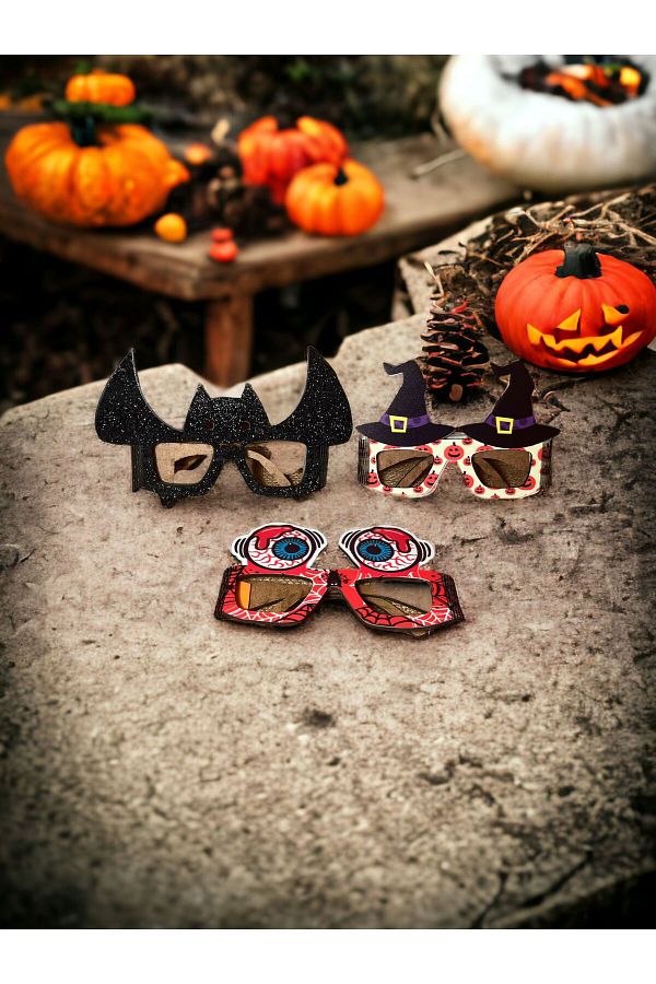 Halloween Ahşap 3'lü Parti Gözlüğü Camsız Model 3 Adet Cadılar Bayramı Gözlükleri