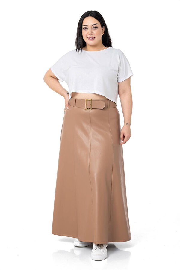 Belted Long Leather-look Skirt — Mink