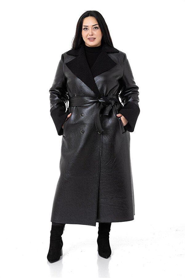 Sleeve Opening & Inner Faux-fur Long Leather-look Overcoat — Black