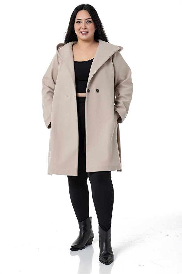 Hooded Welt-pocket with Pockets Belted Coat — Beige