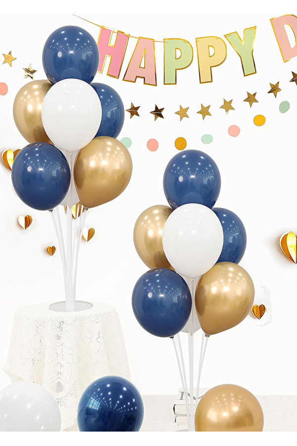 2 Adet 7'li Balon Standı Ve 14 Adet Okyanus Mavisi- Beyaz-Gold Metalik Balon Set