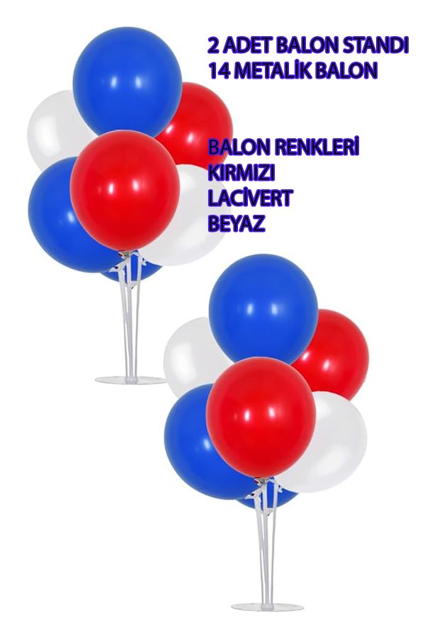 2 Adet 7'li Balon Standı Ve 14 Adet Beyaz-Kırmızı-Lacivert Metalik Balon Set Roblox Balon Set