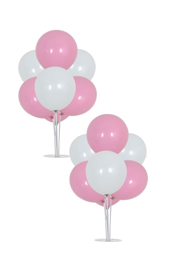 2 Adet 7'li Balon Standı Ve 14 Adet Pembe - Beyaz Metalik Balon Set 1 Yaş Doğum Günü