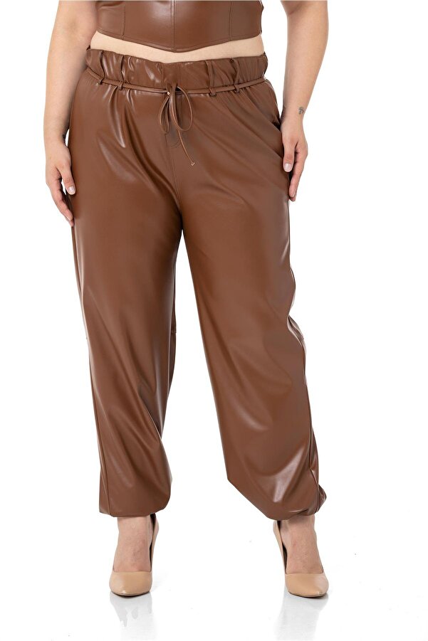 Hem Shirred Leather-look Trousers — Brown