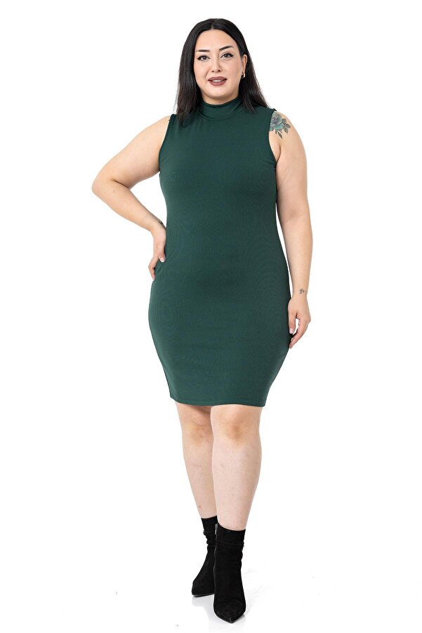 Mock Neck Ribbed-jersey Inner Brushed Sleeveless Stretch Short Dress — Emerald