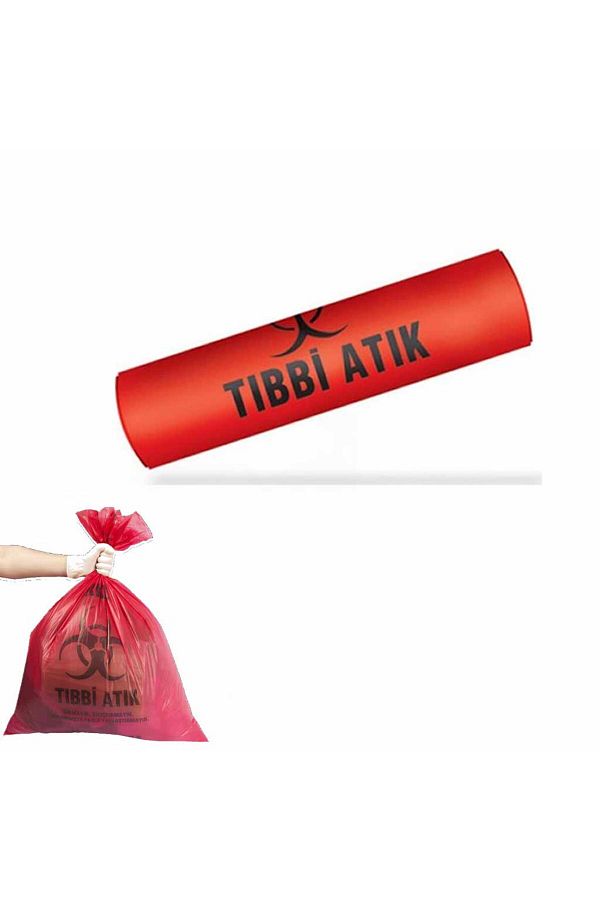 Tıbbi Atık Poşeti Orta Boy 55x60 cm 300 gr 10 lu Rulo x 20 Paket = 200 Adet (Kırmızı-Siyah Baskılı)