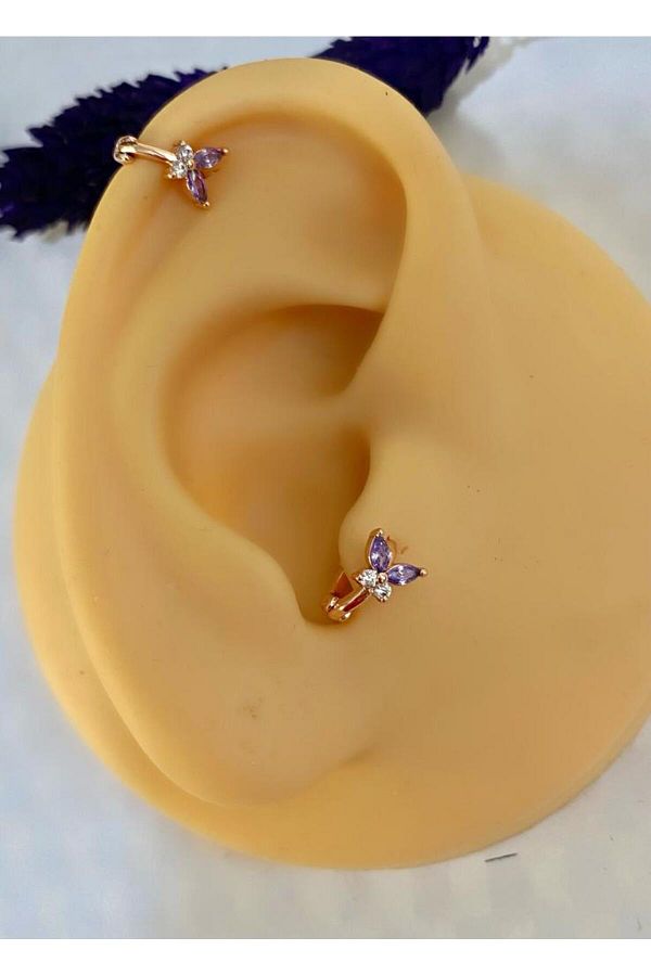 Cerrahi çelik mor zirkon taşlı kelebek halka tragus rook helix uyumlu piercing küpe