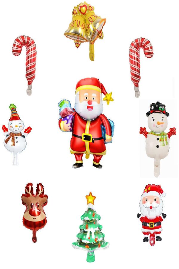9'lu Yılbaşı Noel Baba, Çam Ağaçı, Çan, Kar Adam Baston Geyik Folyo Balon Seti Dekorasyon Yeni yıl