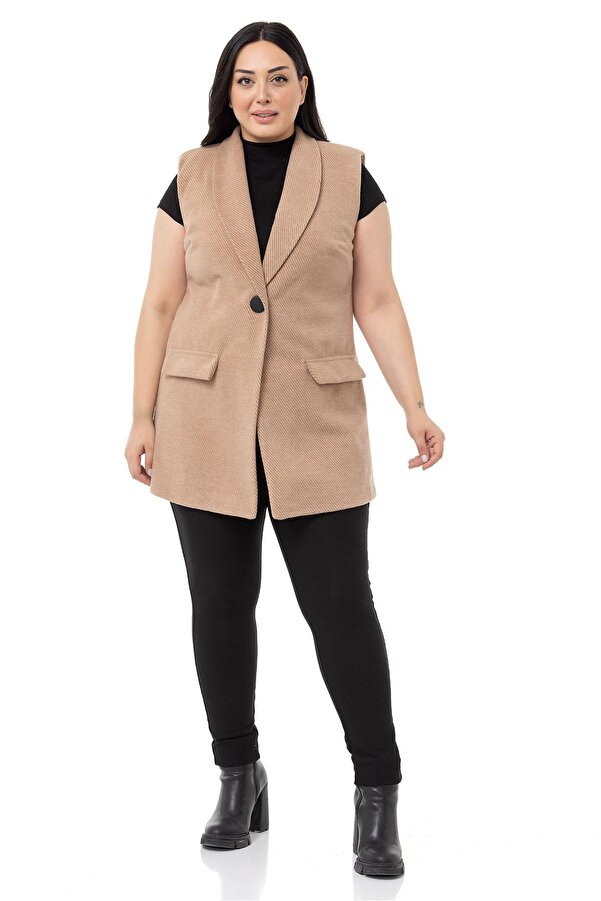 Padded-shoulder Mock with Pockets Herringbone Pattern Vest — Mink