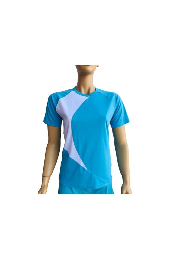 Kadın Turkuaz Beyaz Parçalı Spor T-Shirt