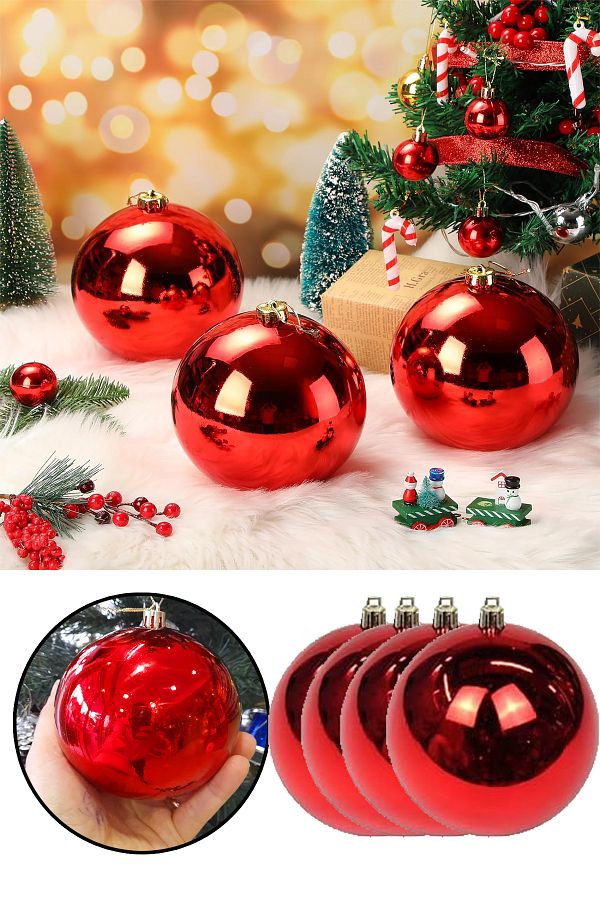 4'lü 10cm Yılbaşı Kırmızı Çam Ağaçı Top Süs Büyük Boy Yeni Yıl Noel Dekoratif Parlak Cici Top Süs