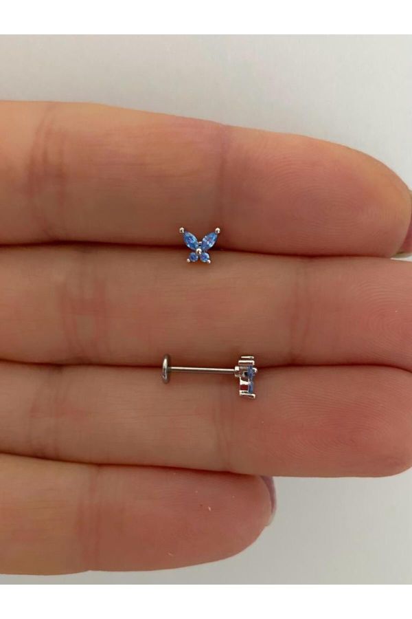 mavi zirkon taşlı kelebek arkası düz önden takmalı helix kıkırdak tragus lobe uyumlu piercing küpe