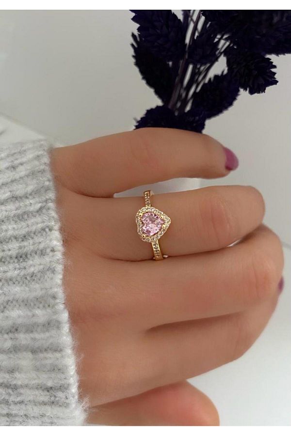gold renk Zirkon taşlı ayarlanabilir kalpli model yüzük