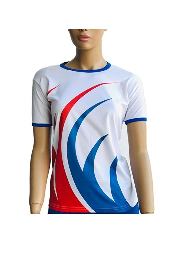 Kadın Mavi Kırmızı Alevli Beyaz Spor T-shirt
