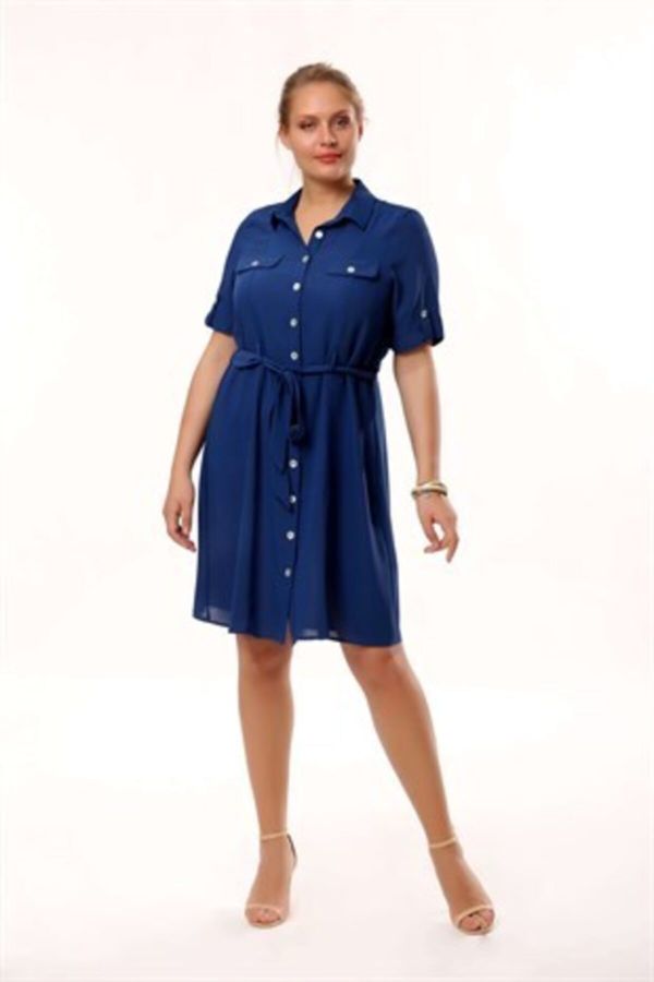 Kadın Mavi Sahte Cep Detaylı Düğmeli Kısa Elbise